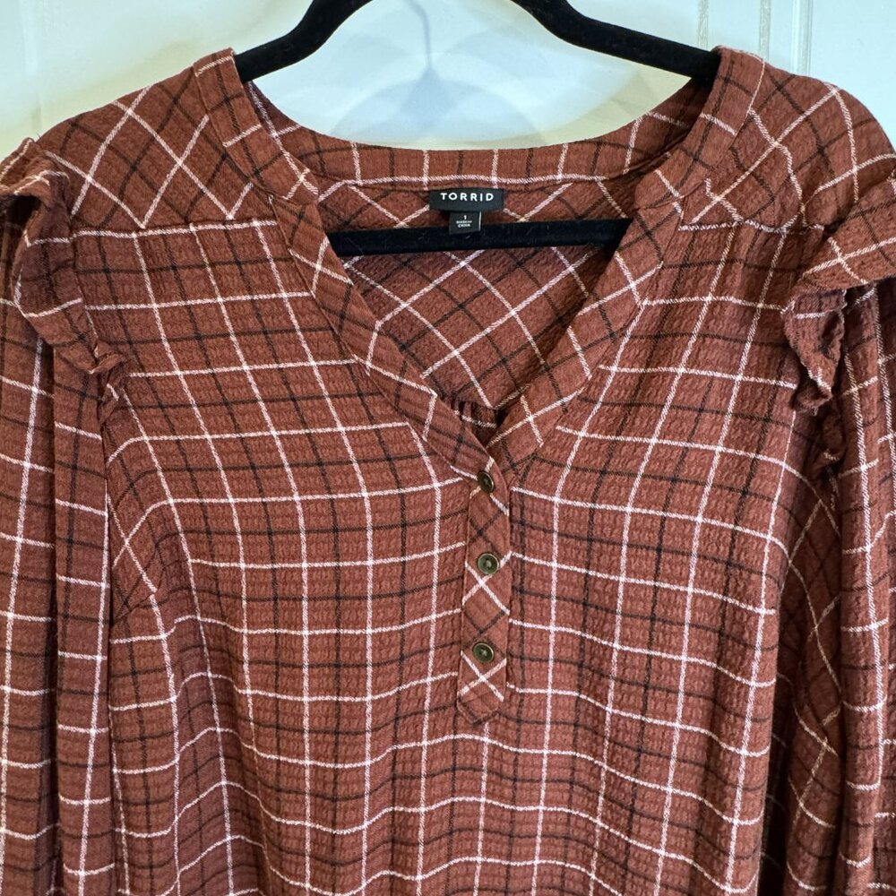 Torrid Brown Plaid Long-Sleeve Ruffle Blouse 1xl Crinkle Gauze Style EUC - Picture 5 of 9